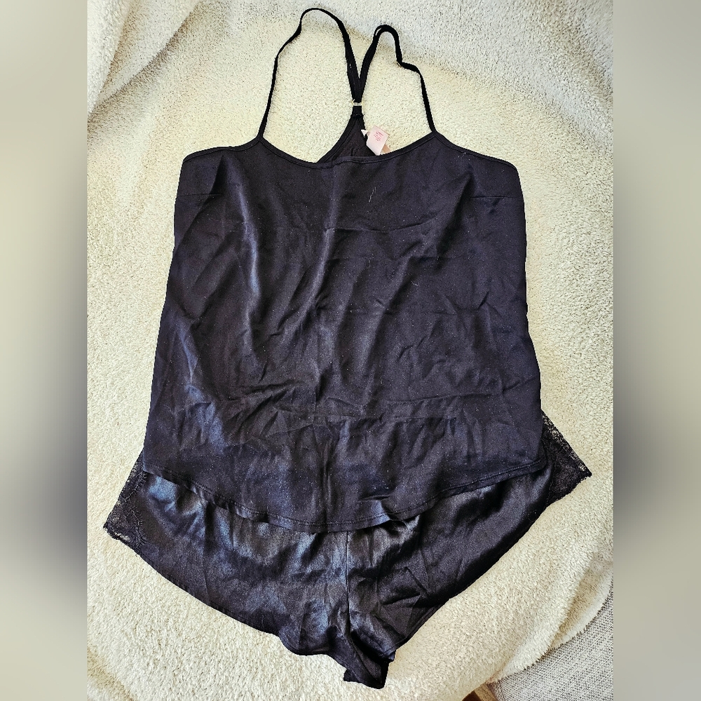 Victorias Secret Black Satin Camisole and Shorts Set